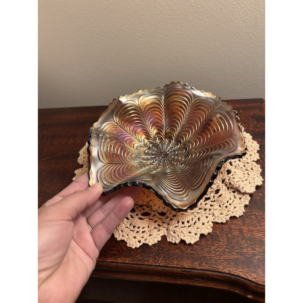 Vintage Fenton Marigold Carnival Glass Ruffled Bowl Peacock Tail Iridescent - Picture 4 of 11